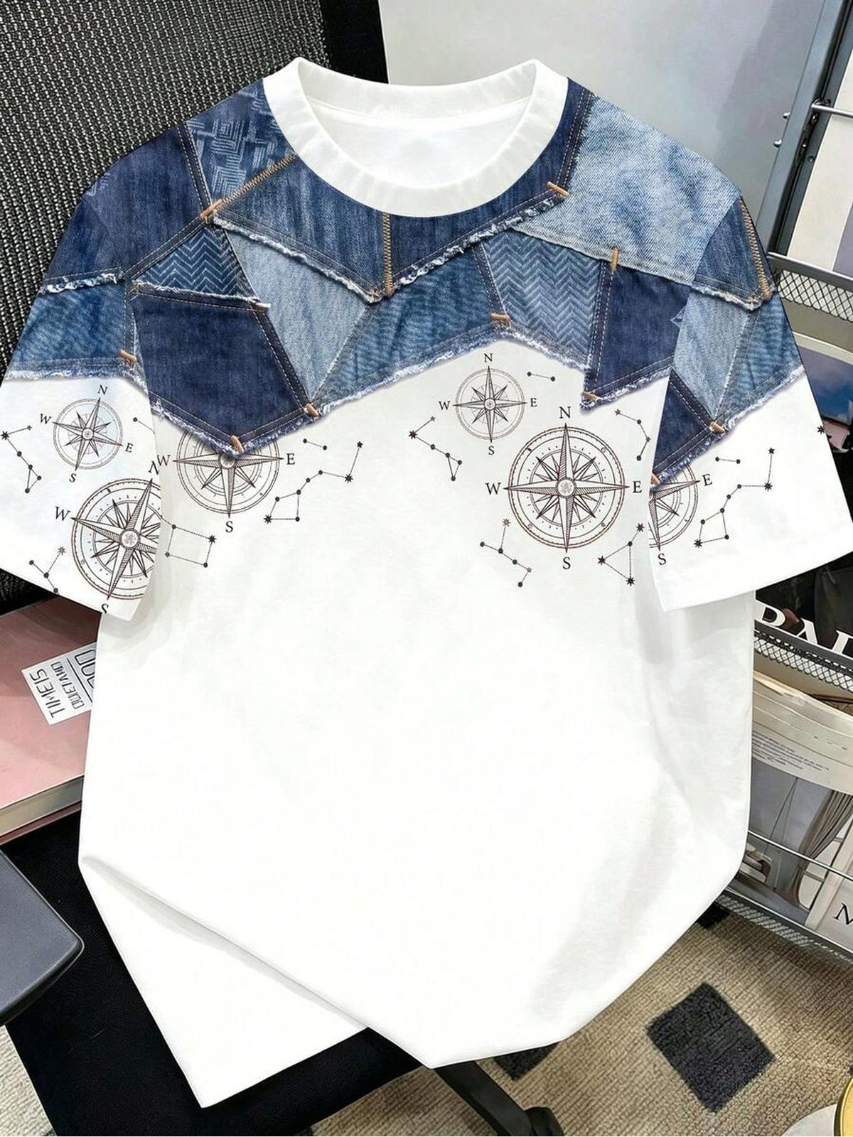 Men's Short-Sleeve T-Shirt, Imitation Denim Patchwork Compass Print, Suitable for Young Fashionable Men Who Seek Personal Expression and Love Streetwear Culture. Digital Print - No Texture - Mixed colors