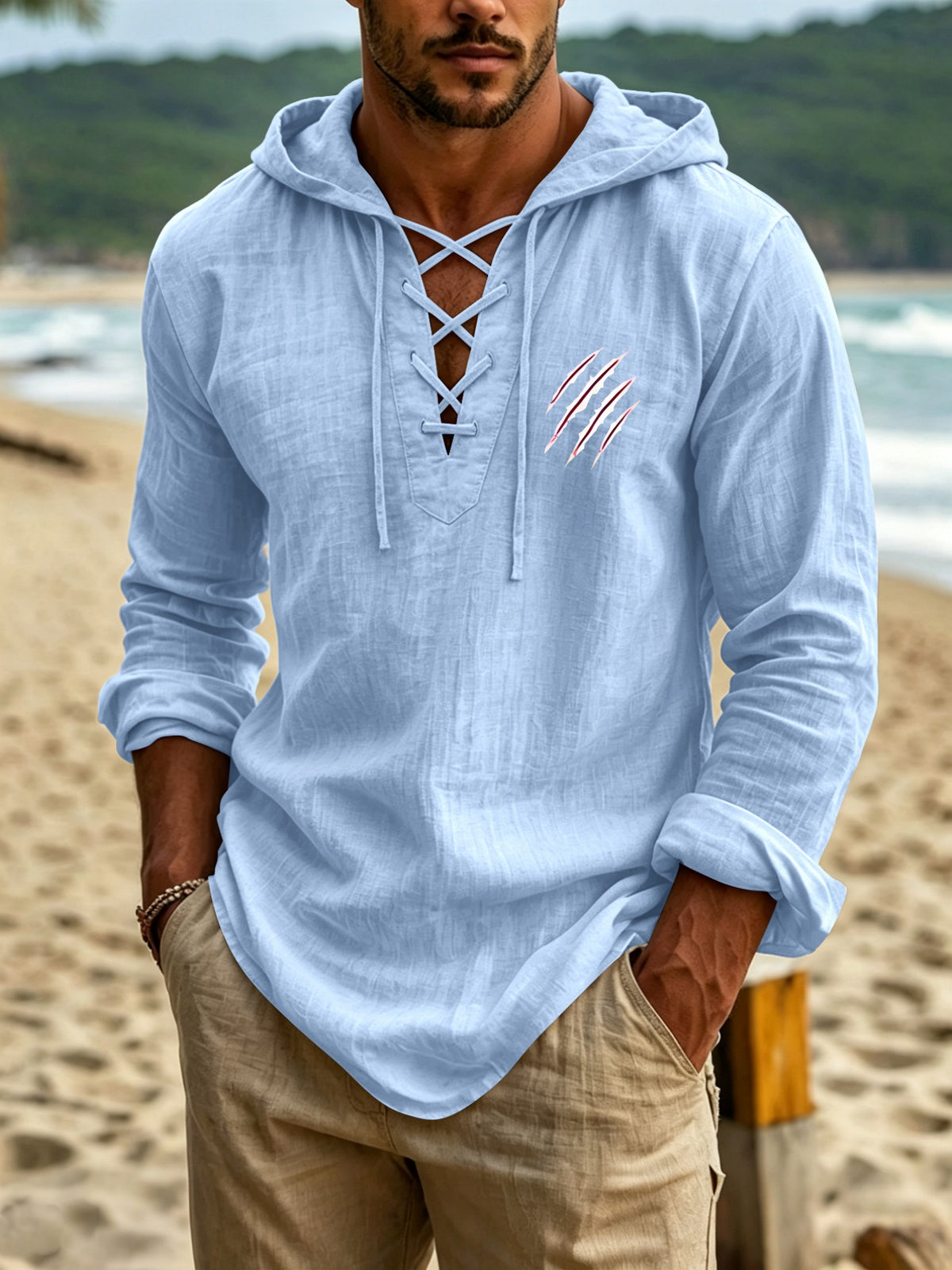 Cool and Wild Themed Men's Linen Long-Sleeve Hoodie, Featuring a Wild Claw-marked Tear Texture Print on the Body, an Ingenious Cross-tie V-neck Design, and a Hooded Long-sleeve Style with an Arched Hem, Making It a Suitable Outfit Choice for Island - Sky Blue