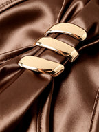 High-end Solid Color Satin One-Shoulder Dress with Metal Buckle, Side Pleats for Waist Definition, Summer Y2K Evening Party Temperament Fitted Mini Skirt - Dark Brown