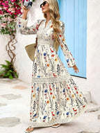 Women's Vacation Floral Print Color-block Lace Long-sleeve Maxi Dress, Fashionable and Elegant Style, Autumn Women's Clothing - Multicolor