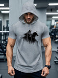 Knight Silhouette Print Men'S Short Sleeve Hoodie, Powerful Line Art Style, Black Background with Knight And Galloping Horse Silhouettes, Equestrian Enthusiasts, Daily Commute Multi-Scene Versatile Individual Top - Grey