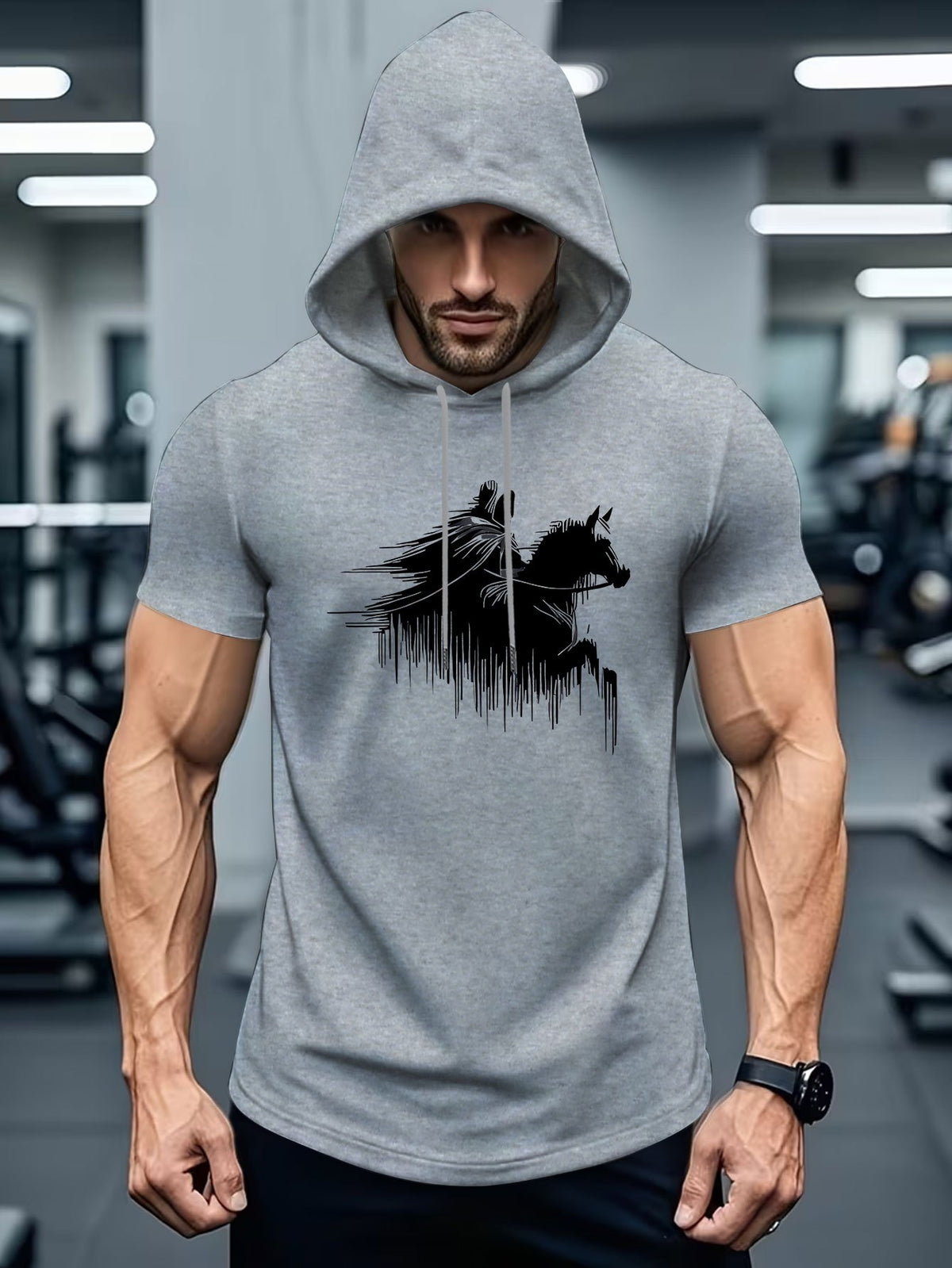 Knight Silhouette Print Men'S Short Sleeve Hoodie, Powerful Line Art Style, Black Background with Knight And Galloping Horse Silhouettes, Equestrian Enthusiasts, Daily Commute Multi-Scene Versatile Individual Top - Grey