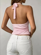 Women's Halter Neck Wrap-style Cropped Camisole, Deep V-neck with Crisscross Cut, Adjustable Side Ties, Bow-tie Back Strap, Mid-waist Cropped Fit, a Versatile Item for Everyday Outings - Pink