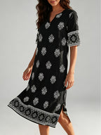 V-neck Short-sleeve Ethnic Print Dress with Slit Hem, Holiday Travel Beach Dress - Black