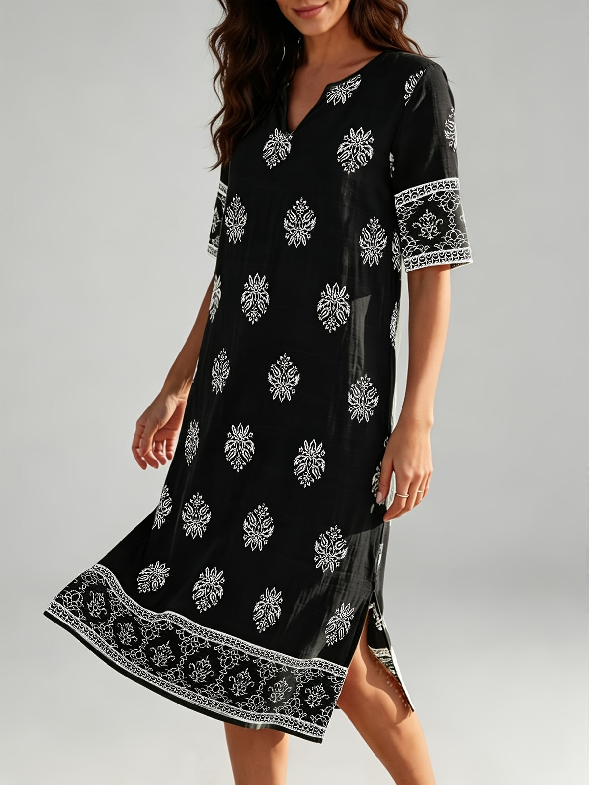 V-neck Short-sleeve Ethnic Print Dress with Slit Hem, Holiday Travel Beach Dress - Black