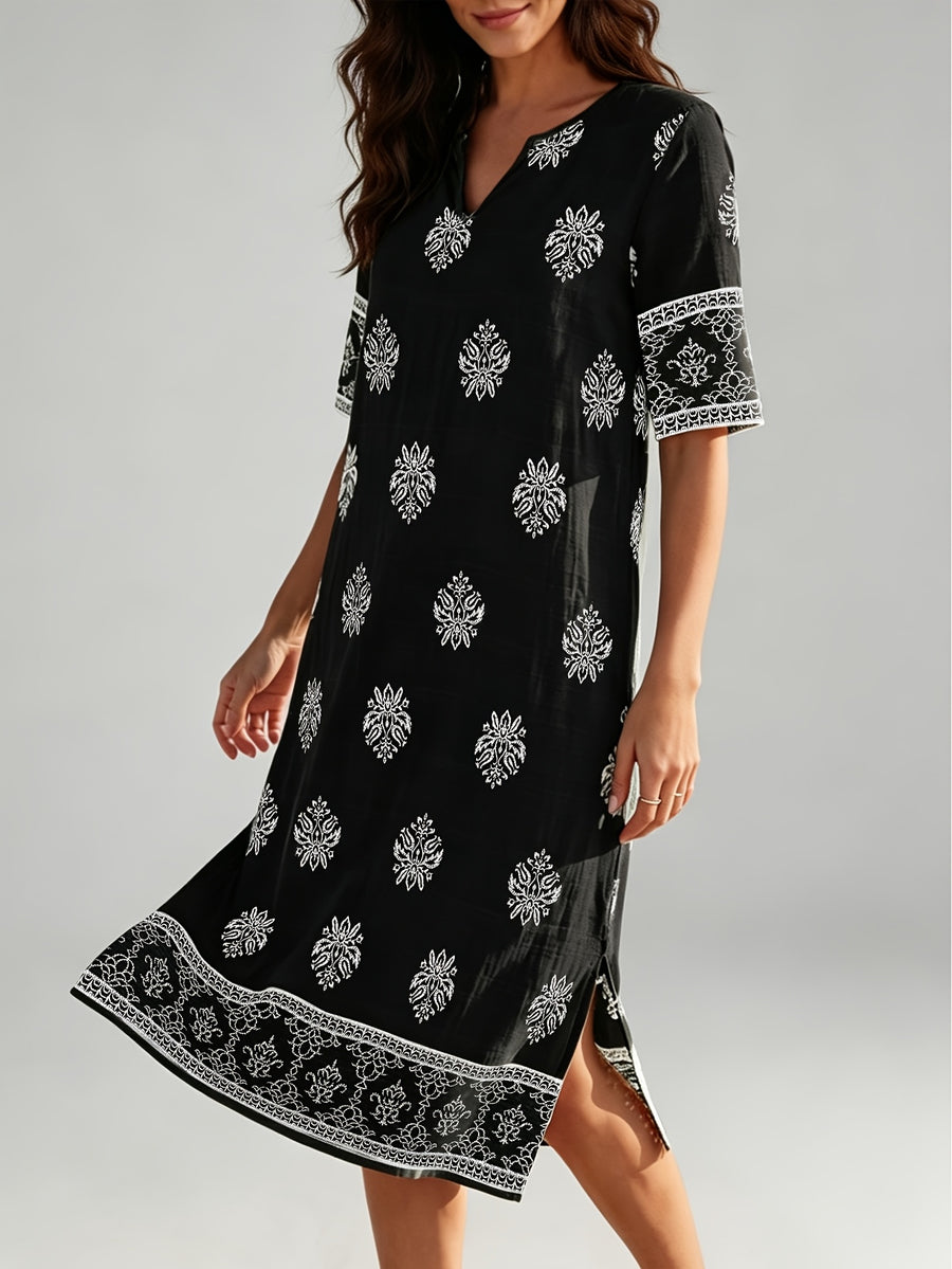 V-neck Short-sleeve Ethnic Print Dress with Slit Hem, Holiday Travel Beach Dress - Black