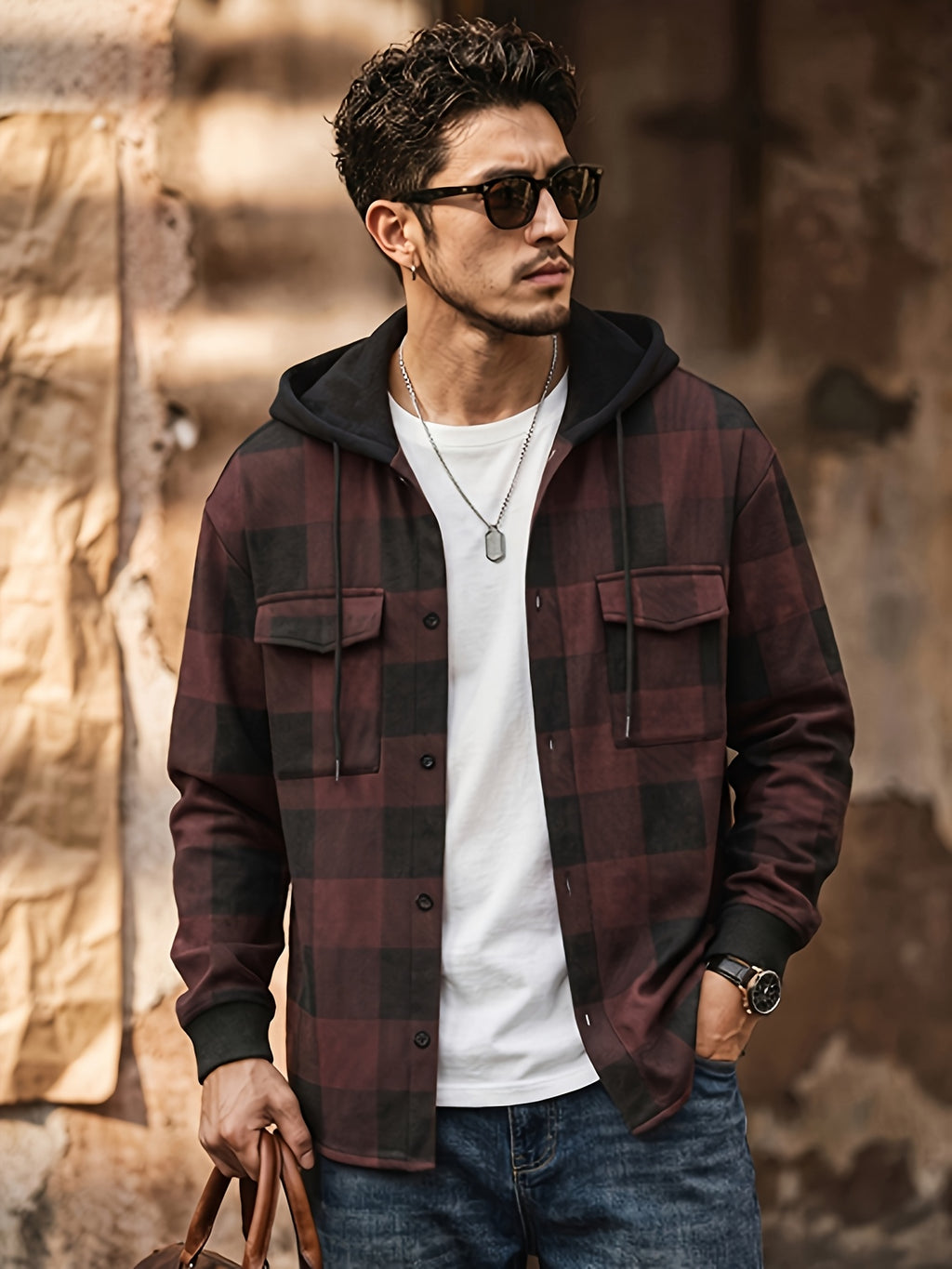 Men'S Jacket, Retro Plaid Shirt, Men'S Casual Shirt Fleece Jacket Single Button with Hat Long Sleeve Coat Men'S Top with Chest Pocket Elastic Cuff Ribbed Spring Autumn New Men'S Clothing - Deep Red
