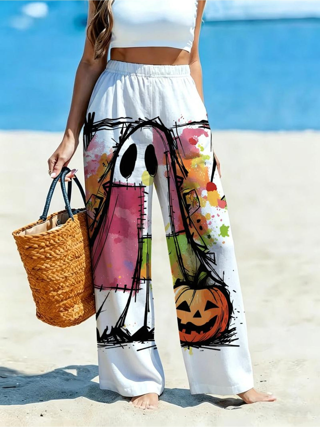 Women'S Casual Wide-Leg Pants, Halloween Ghost Pumpkin Print, Suitable for Women Who Love Playful Style, Ideal for Holiday Gatherings, Beach Vacations. [Print Design - No Texture] - Mixed colors