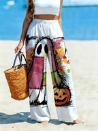 Women'S Casual Wide-Leg Pants, Halloween Ghost Pumpkin Print, Suitable for Women Who Love Playful Style, Ideal for Holiday Gatherings, Beach Vacations. [Print Design - No Texture] - Mixed colors