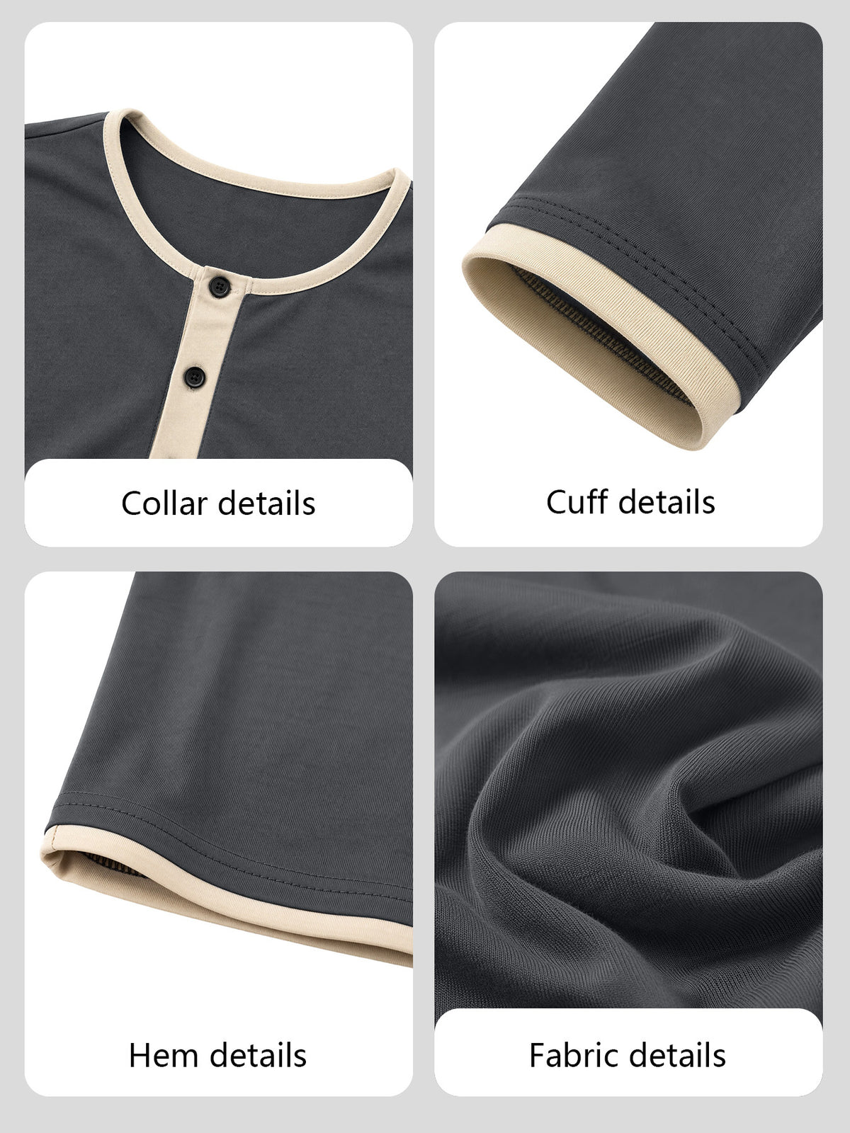 Men'S Retro Color-Block Casual Henley Long Sleeve, Spring Summer Autumn Regular Fit Fashionable Versatile T-Shirt, Solid Color, Knit Fabric, Breathable Comfortable Henley Long Sleeve, Half-Button Round Neck Design, Multiple Colors Available - Dark Gray
