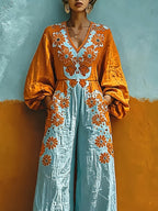 Elegant Casual Color-Block V-Neck Floral Print Jumpsuit with Lantern Sleeves, High Waist, Wide Leg, and Flowy Holiday Style - Mixed colors
