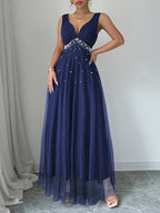 Elegant Women's Heart-Neckline Pearl Spandex Mesh Banquet Flared Long Dress, Elegant Party Dress for Spring/Summer, Suitable for Parties, Dinners, and Weddings, High-Quality Evening Gown, Modern, Elegant, and Chic Women's Long Party Dress - Blue