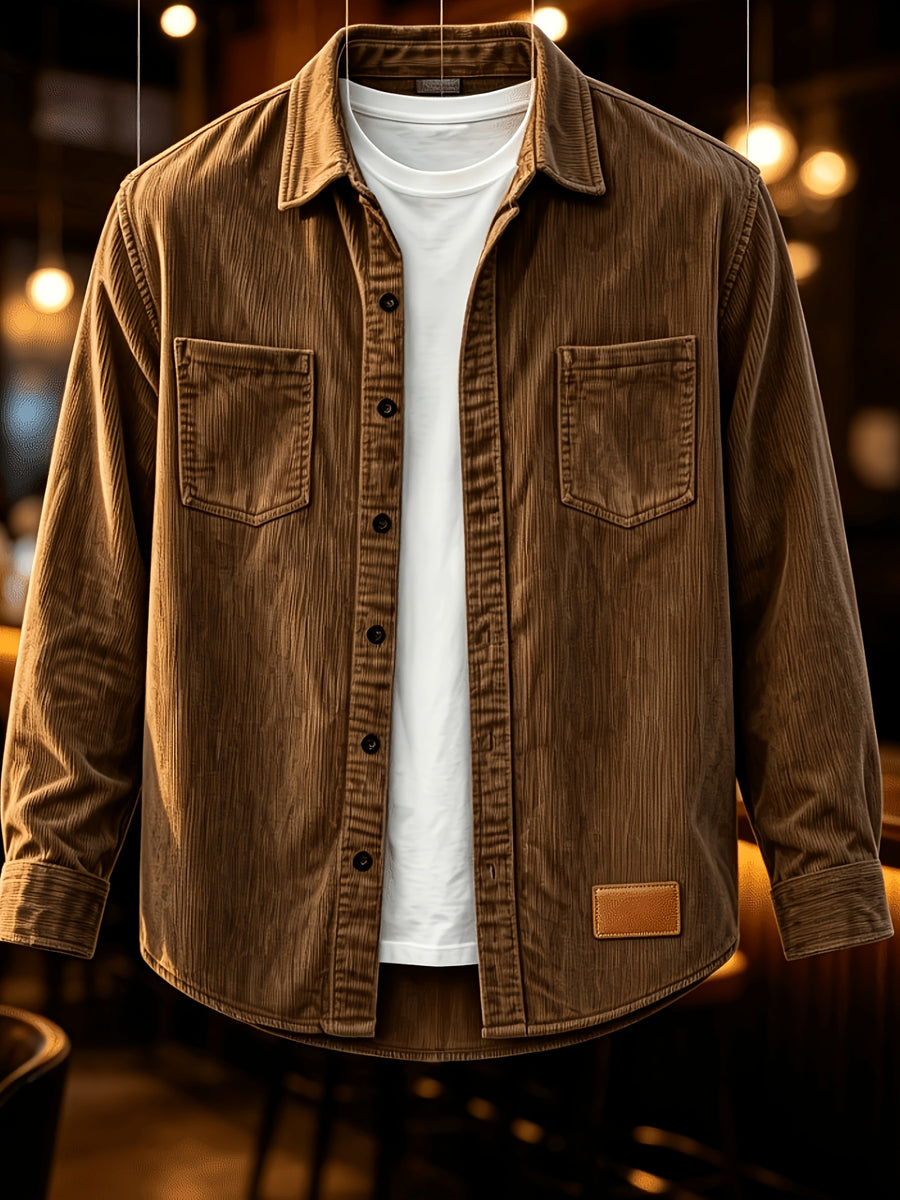 Men'S Fashion Corduroy Solid Color Lapel Shirt, Pocket Embellished Casual Open Front Blouse Men'S Top Shirt - Coffee Color
