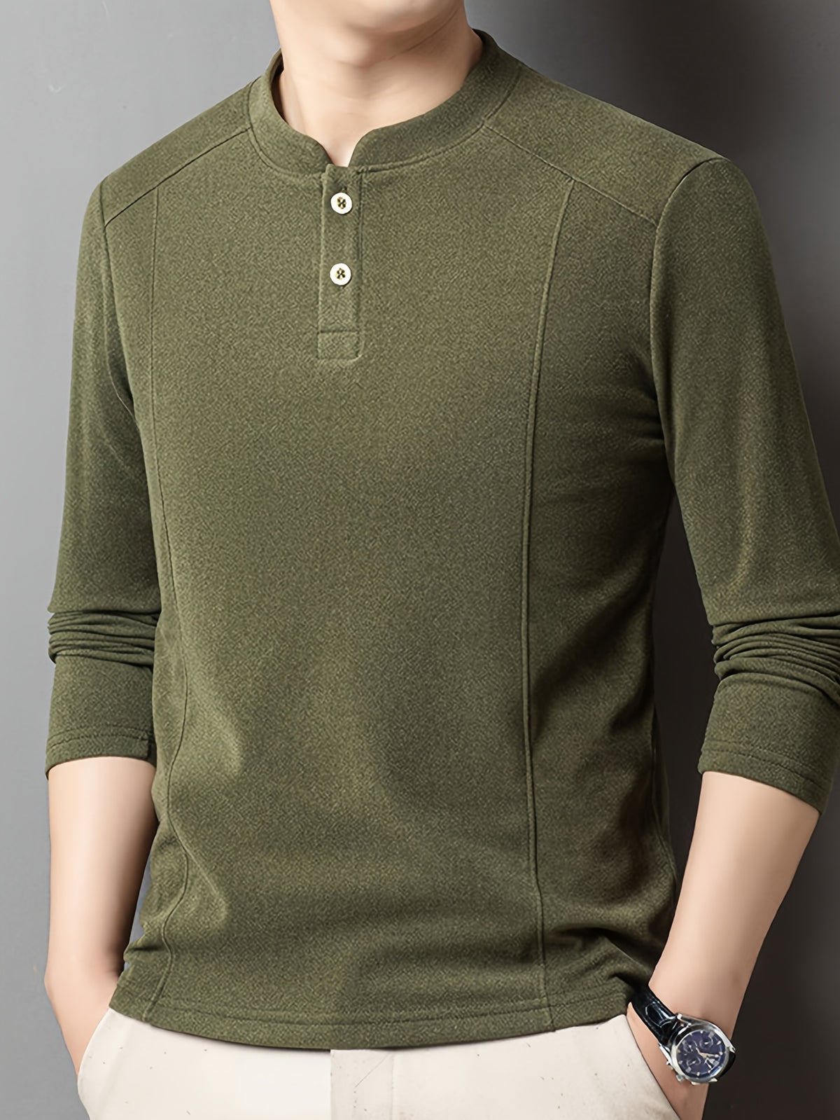 Men's Henley Neck Long Sleeve Base Layer Shirt, Slim Fit but Not Tight, Suitable for Middle-Aged Men, with a Light Business-Casual Vibe. -SINBOS - Green