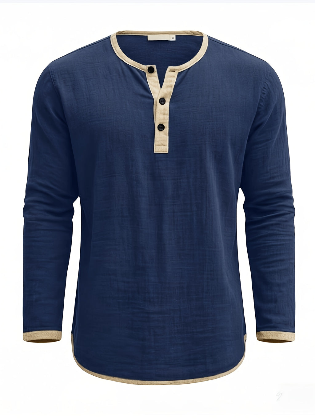 Men'S Retro Color Block Casual Henley Crewneck T-Shirt in Linen, Vintage T-Shirt for Men - Navy Color