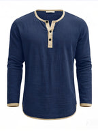 Men'S Retro Color Block Casual Henley Crewneck T-Shirt in Linen, Vintage T-Shirt for Men - Navy Color