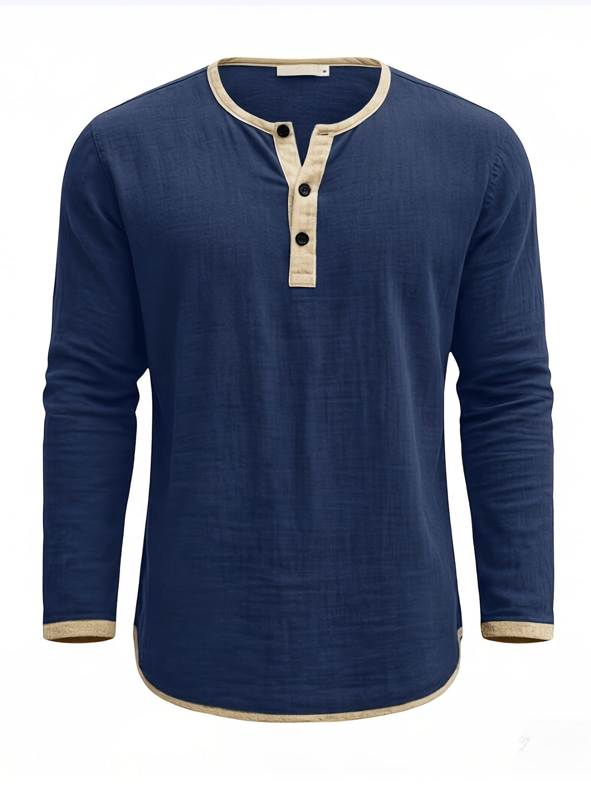 Men'S Retro Color Block Casual Henley Crewneck T-Shirt in Linen, Vintage T-Shirt for Men - Navy Color