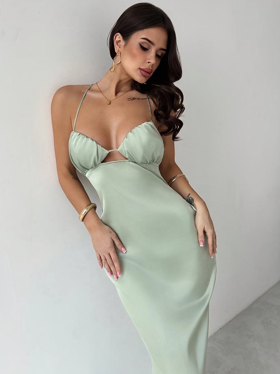 New European and American Women's Wedding Engagement Cocktail Dress, Single Party Solid Color Sexy Waist-cinching Backless Sleeveless Bridesmaids Gown - Green