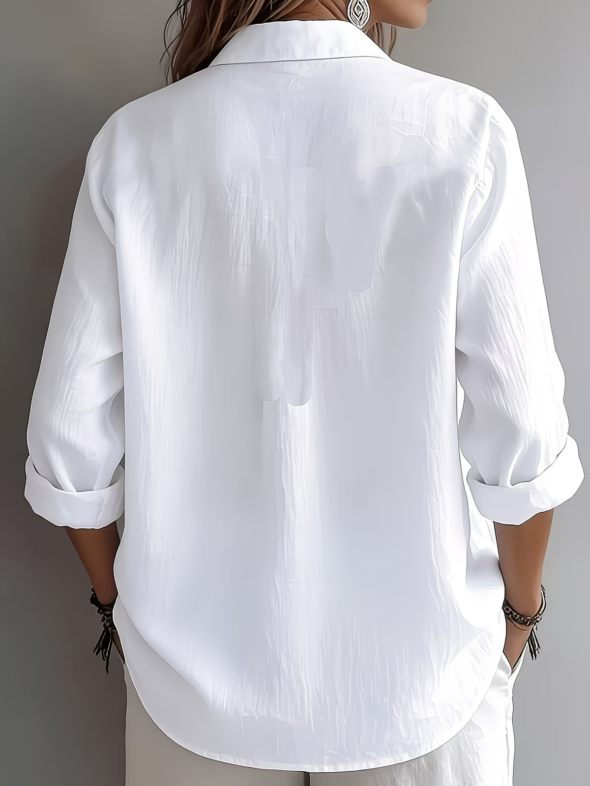 Women's Elegant V-Neck Loose Fit Lazy Linen Textured Shirt - White