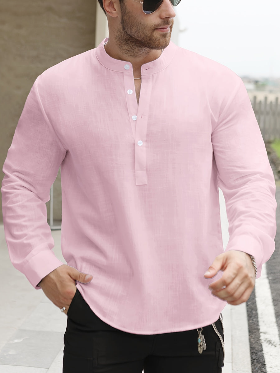 Men's Lightweight Thin Striped Stand Collar Half-Placket Solid Color Long Sleeve Shirt WISH Twill Loose Vintage Shirt - Pink Color