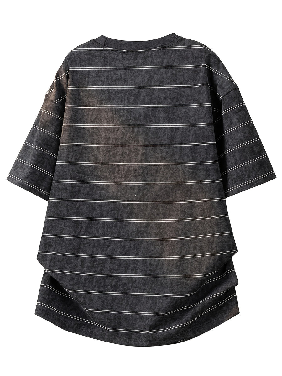 Summer Men'S Striped Short Sleeve Shirt, Casual Retro Style Daily Top - Black