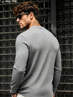 Men'S New Knit Retro Stretch Top, Textured Casual Loose Commuter All-Match Long Sleeve Henley Shirt - Grey