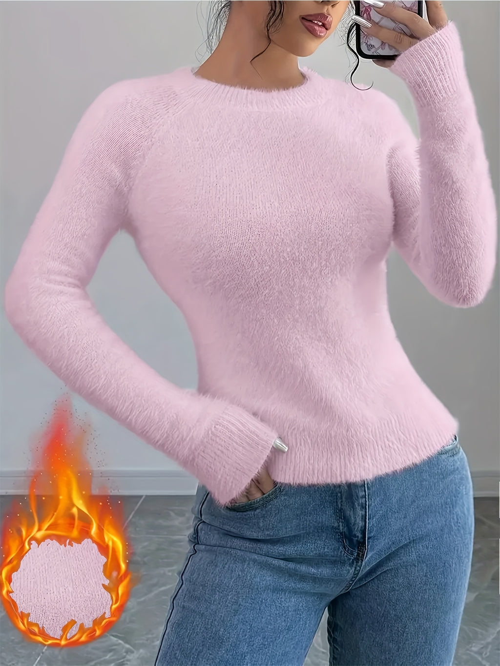 Elegant Women'S Autumn Winter Round Neck Faux Fox Pullover - Pink Color