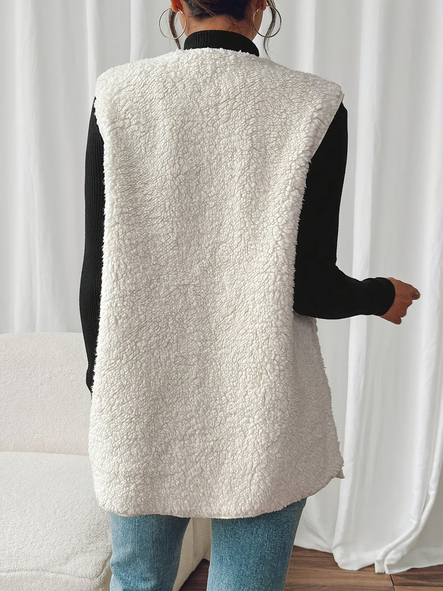 Women'S Double Pocket Button Front Plush Faux Vest Outerwear YY0611399 Light Northern Territory Orientation - Off-white