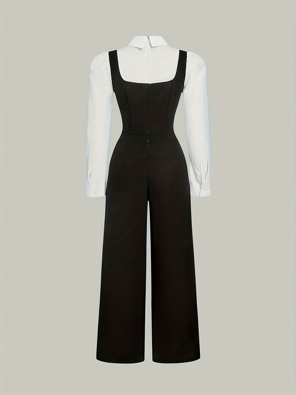 Women'S Elegant Knotted Collar Double-Breasted Loose-Fit Jumpsuit, Autumn Fashion, Preppy Style, 2-In-1 Shirt Jumpsuit, Bow Tie, Available in White And Black, Long Sleeves, Straight Leg - Black And White