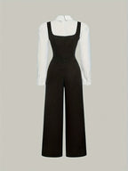 Women'S Elegant Knotted Collar Double-Breasted Loose-Fit Jumpsuit, Autumn Fashion, Preppy Style, 2-In-1 Shirt Jumpsuit, Bow Tie, Available in White And Black, Long Sleeves, Straight Leg - Black And White