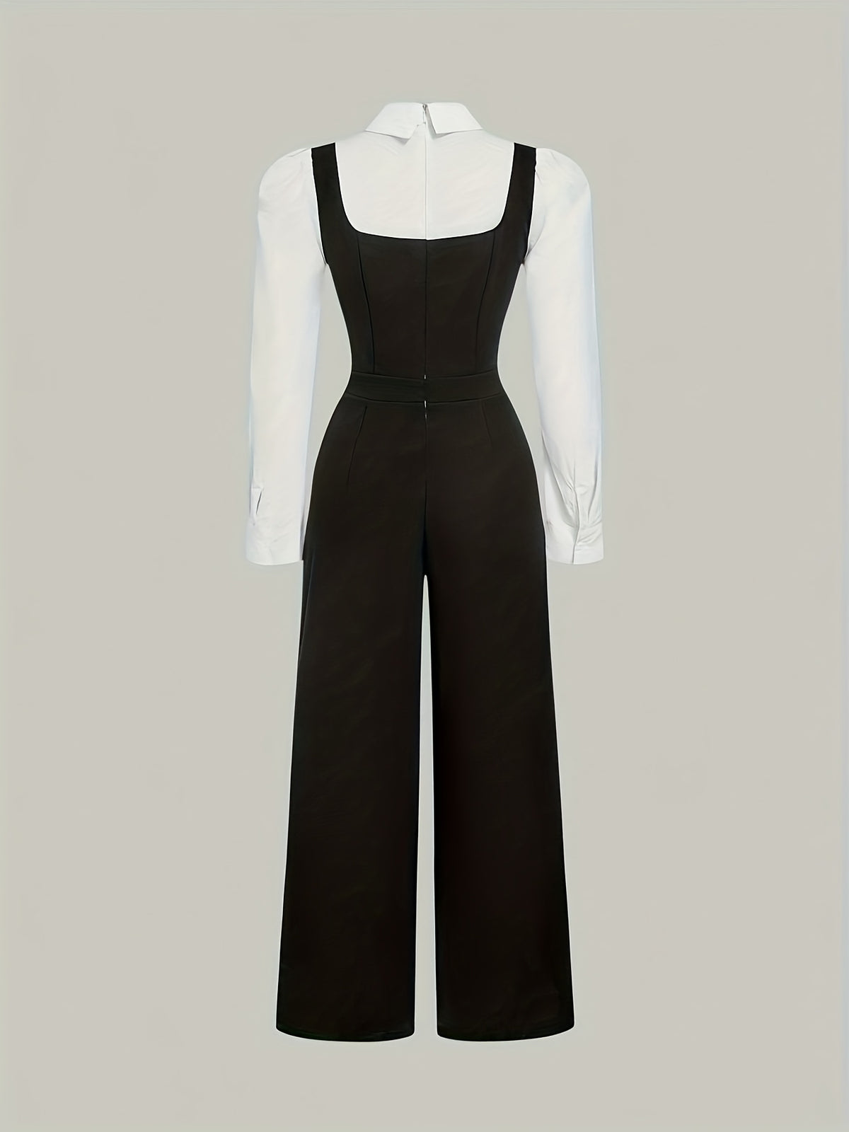 Women'S Elegant Knotted Collar Double-Breasted Loose-Fit Jumpsuit, Autumn Fashion, Preppy Style, 2-In-1 Shirt Jumpsuit, Bow Tie, Available in White And Black, Long Sleeves, Straight Leg - Black And White