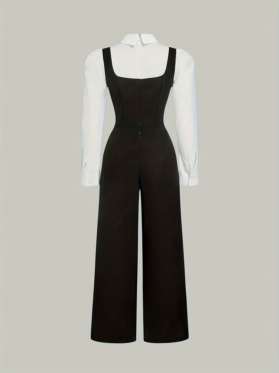 Women'S Elegant Knotted Collar Double-Breasted Loose-Fit Jumpsuit, Autumn Fashion, Preppy Style, 2-In-1 Shirt Jumpsuit, Bow Tie, Available in White And Black, Long Sleeves, Straight Leg - Black And White