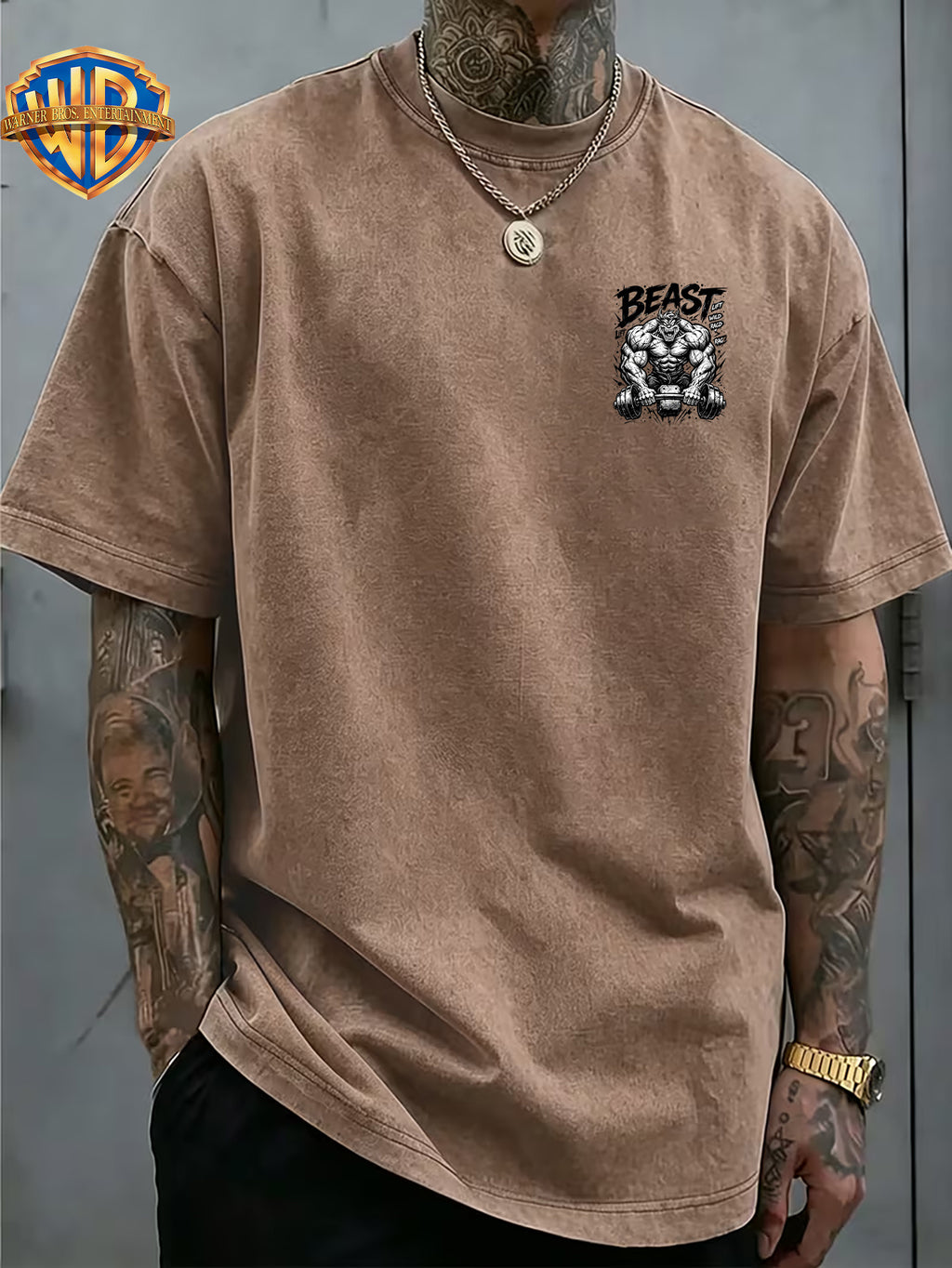 Fitness Beast Dumbbell Print Washed Distressed T-Shirt, Men'S 100% Fabric, Casual Comfortable Style, Loose Fit Breathable Short Sleeve Men'S Casual Top, Distressed Washed Loose Fit - Khaki