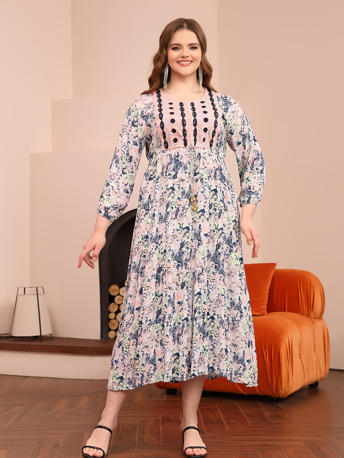 JALABIYA Women's Elegant Dress, Arabic Heavy-Print Dress, Small Round Neck Long Sleeve Dress, Women's Autumn Color-Print Dress - Multicolor