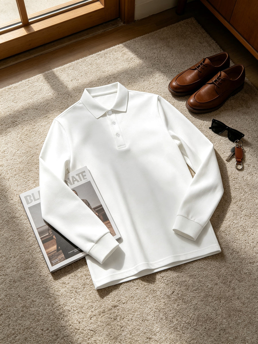 Men'S Long Sleeve Polo Shirt, Solid Color 3-Button Collar Basic Style, High-Density Drapey Wrinkle-Resistant Pearlized Fabric, Home Casual Texture, All-Season Versatile Collar Top for Daily Commute - White