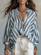 Spring Summer New Style Retro Striped Long Sleeve Women'S Shirt, Loose Vacation Style Beach Top, Casual Commute - Blue Strips