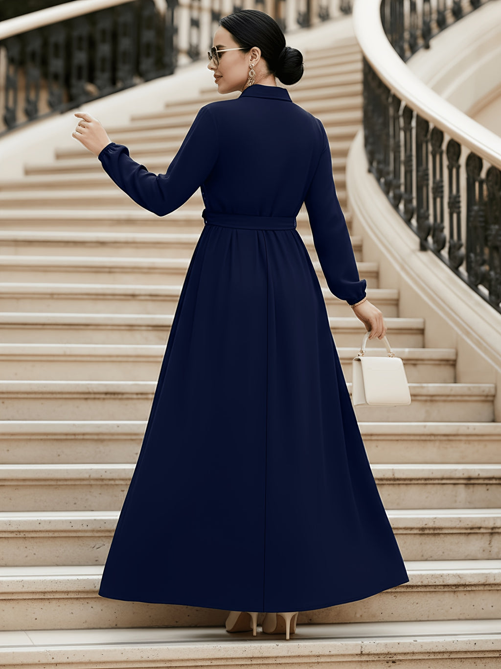 Middle Eastern Muslim Turkish Women's Elegant Solid Color Lapel Embroidered Tie-Up A-Line Abaya Gown - Navy Color