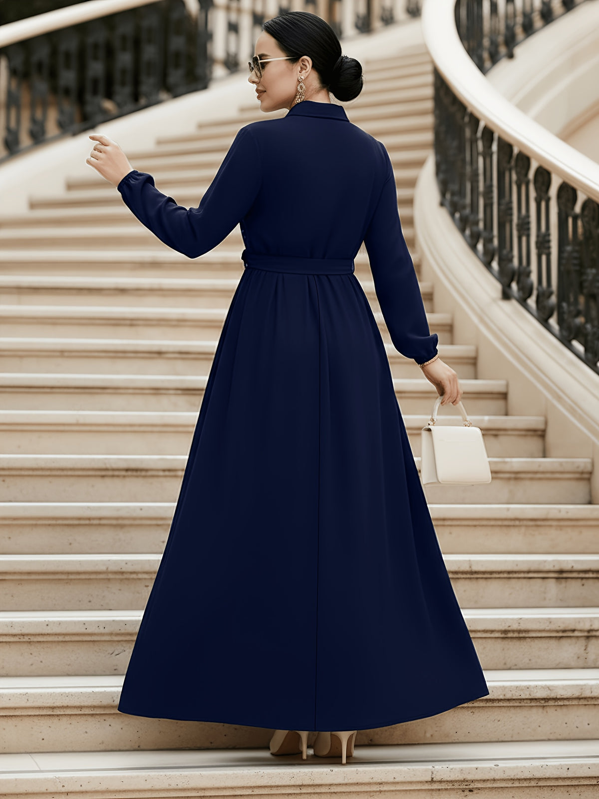 Middle Eastern Muslim Turkish Women's Elegant Solid Color Lapel Embroidered Tie-Up A-Line Abaya Gown - Navy Color