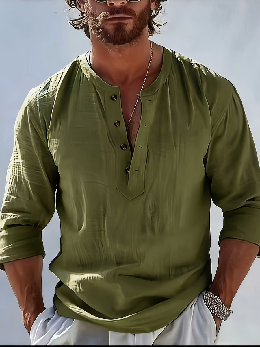 Men'S Fashion Polo Neck Linen Breathable Comfortable Casual All-Season Long Sleeve Shirt, Spring And Summer, Regular Fit, Polo Collar, Daily, Button - Olive