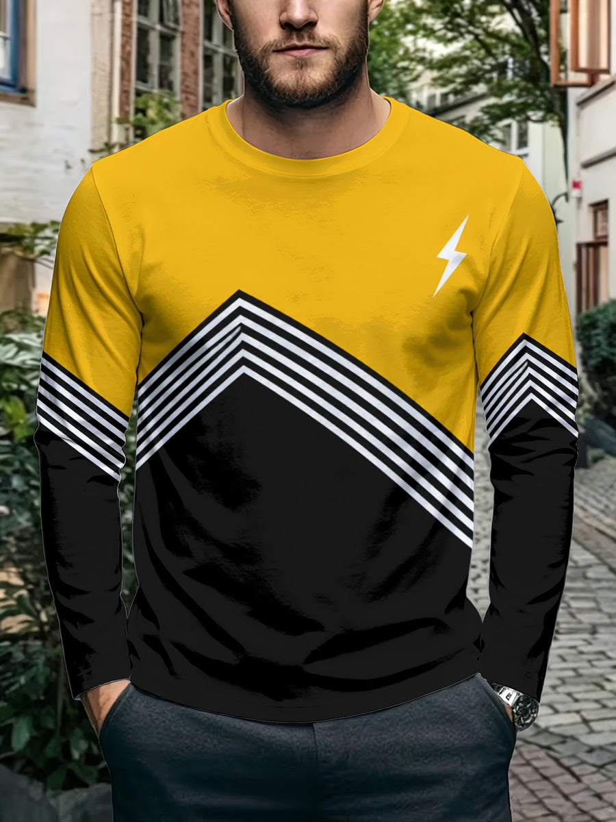 [Print Design - Not Textured] Men'S Long Sleeve Round Neck Sweatshirt, Yellow Black Color Block Lightning Pattern Striped Print Casual Fashion Trendy Versatile Top - Mixed colors