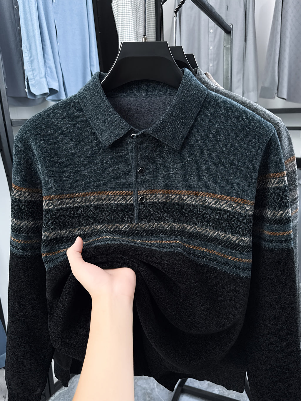 Men'S Knit Pullover with Lapel, Autumn Winter Casual Contrast Warm Sweater - Ha Qing