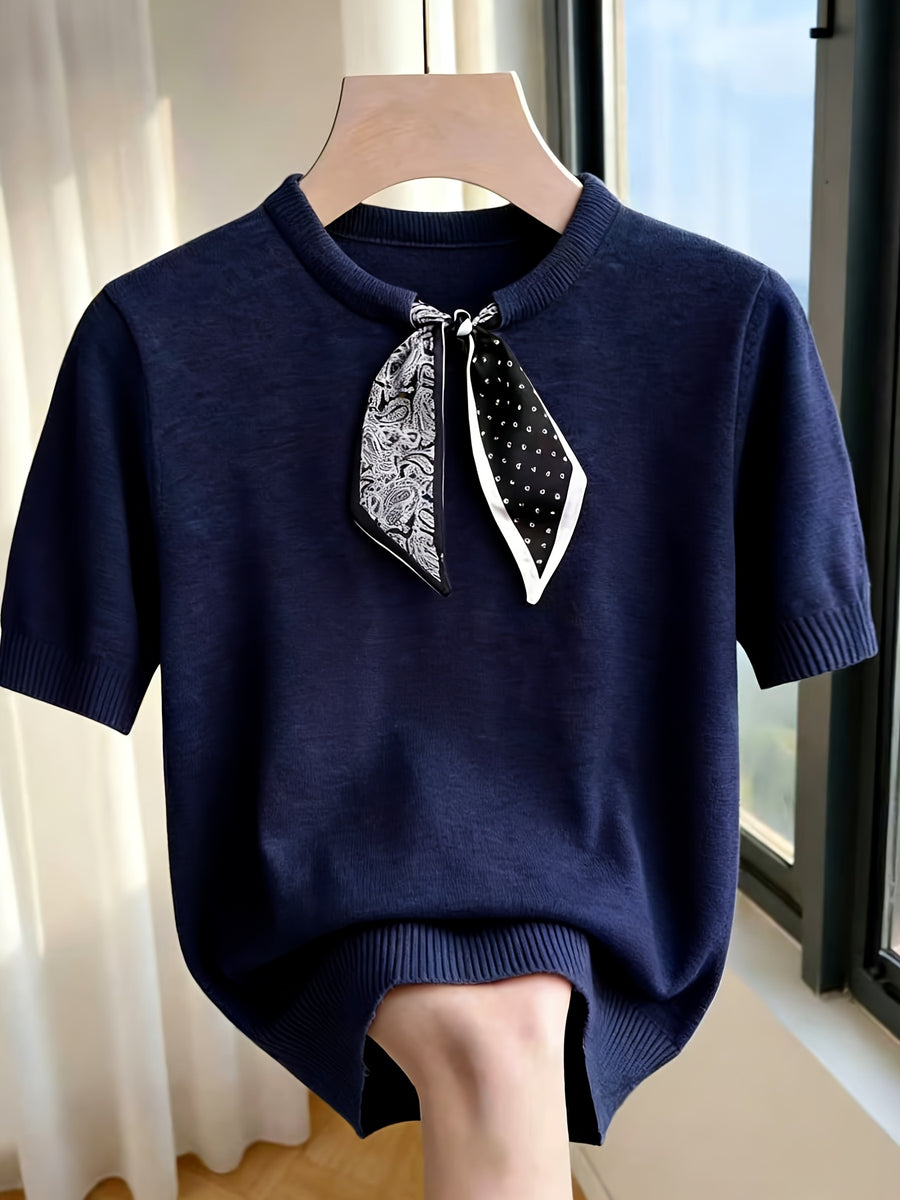 Gray Short-Sleeve Sweater with Scarf Bow Tie Collar - Round Neck Blouse-Compatible Suitable for Layering or Outerwear, Medium Stretch - Sweater for Commuting, Office & Casual Wear, Hand Washable Solid Color - Navy Color