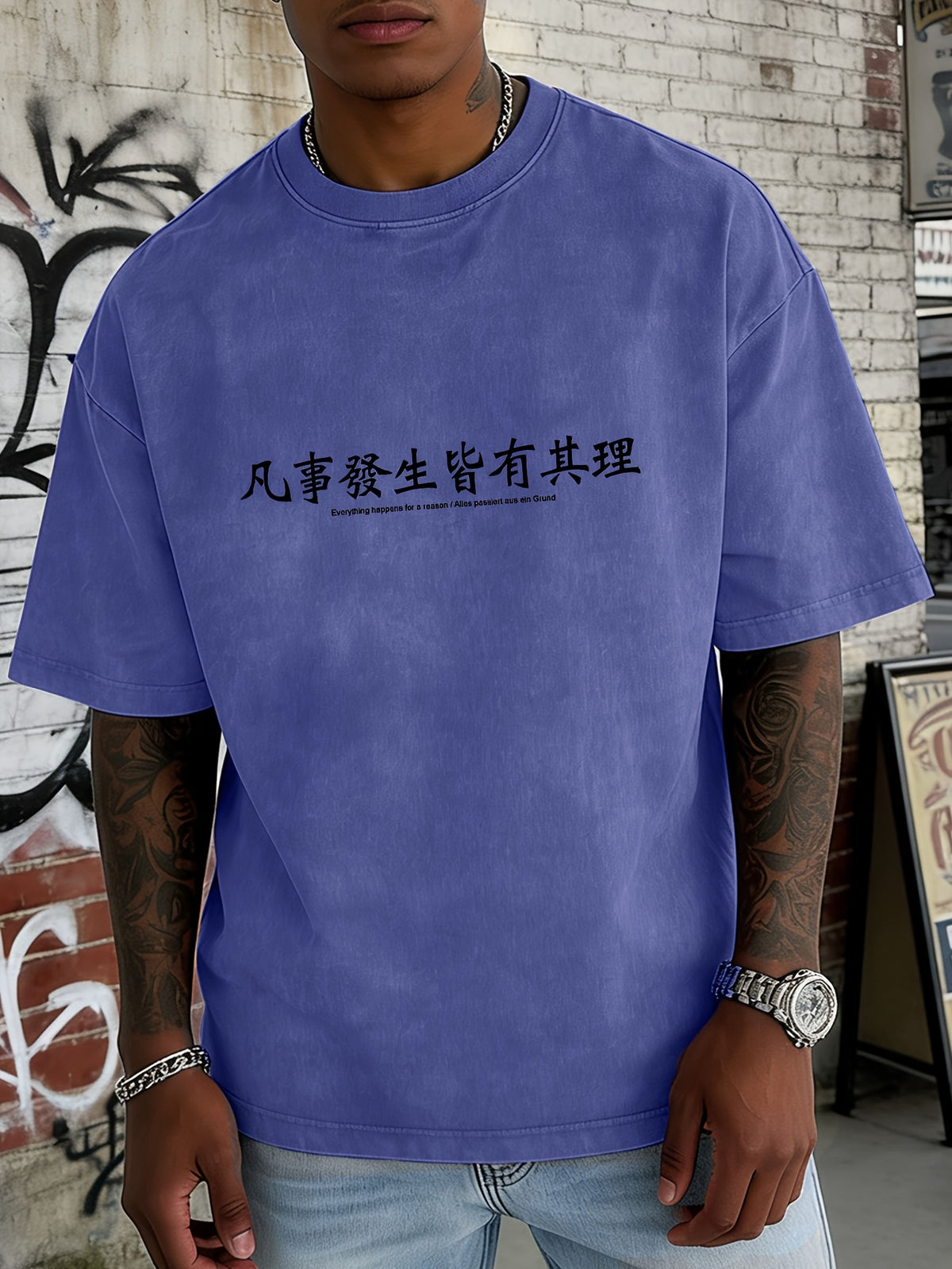 Men's Loose-Fit Washed Distressed Short-Sleeve Cotton T-Shirt Top, Trendy Reversible Double-Sided Print, 12 Colors for  Mix & Match, Minimalist "Everything Happens for a Reason" Chinese Character & Foreign Language Combination Print, National Chic - Royal Blue