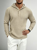 New Men'S Textured Jacquard Hooded Sweatshirt, Henley Button-Front Pouch Kangaroo Pocket Loose Stretch Long Sleeve Casual Top - Khaki