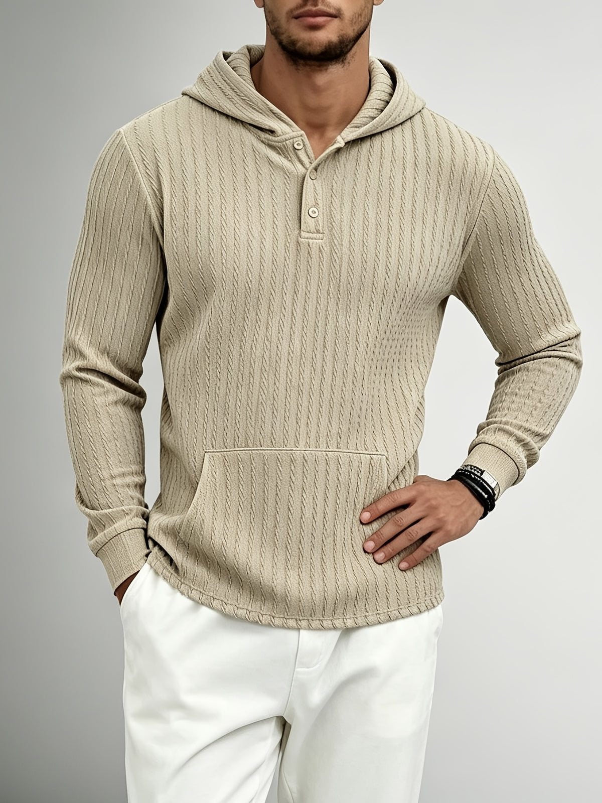 New Men'S Textured Jacquard Hooded Sweatshirt, Henley Button-Front Pouch Kangaroo Pocket Loose Stretch Long Sleeve Casual Top - Khaki
