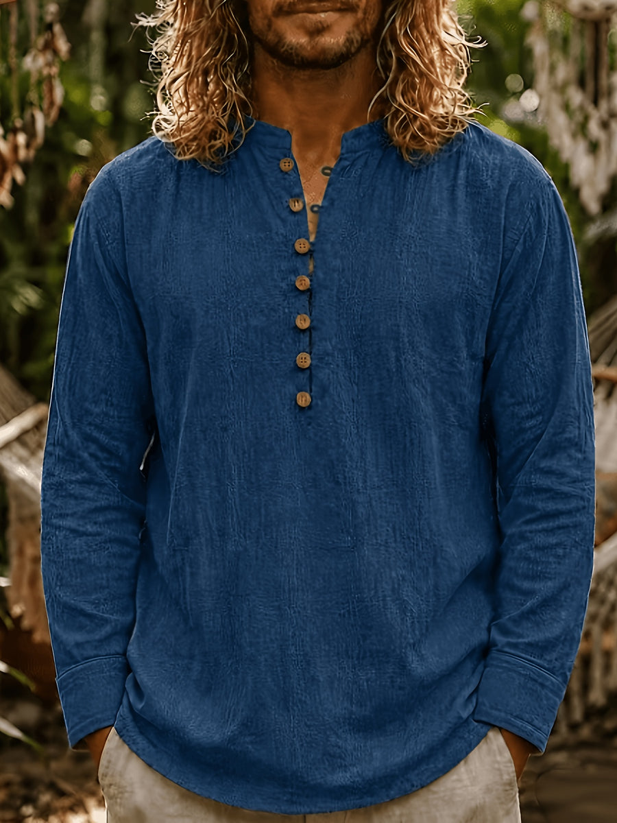 Men's Fashion And Linen Blend Breathable Comfortable Casual Stand Collar Long Sleeve All-Season Shirt, Autumn Menswear - Navy Color