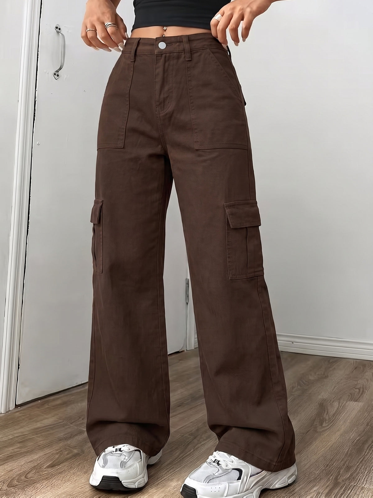 Vintage Coffee Brown High-Waist Multi-Pocket Cargo Casual Pants with Large Two-Dimensional Side Pockets, and Height-Enhancing Women's Casual Cargo Jeans - Coffee Color