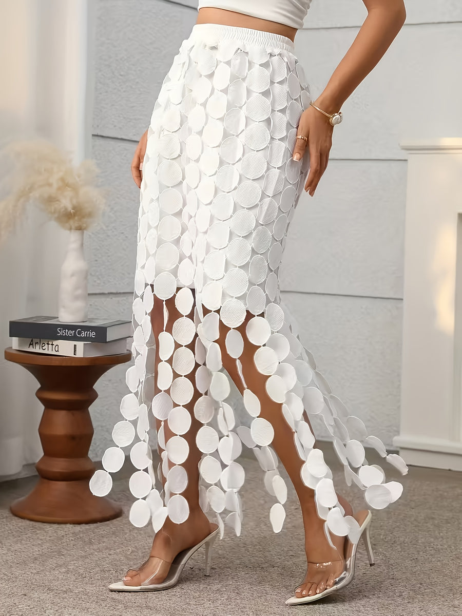 Hollow Embroidered Polka Dot Tassel Straight Half Skirt - White