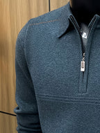Men's Thickened Lapel Half-Zip Pullover Long-Sleeve Sweater with Ribbed Cuffs and Hem, Autumn/Winter Style, Suitable for Layering or Wearing Alone, Business Casual Style - 【blue green】