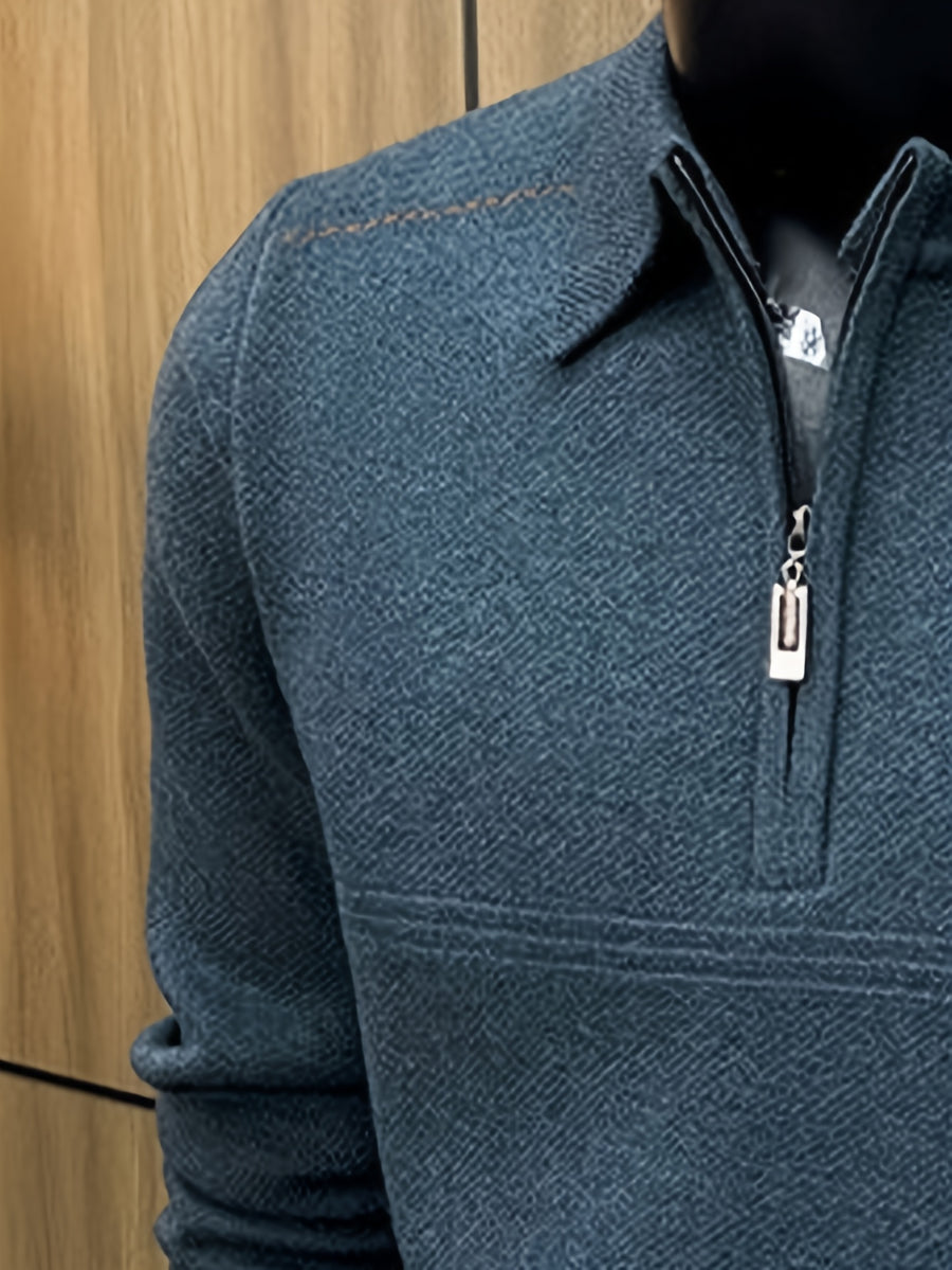 Men's Thickened Lapel Half-Zip Pullover Long-Sleeve Sweater with Ribbed Cuffs and Hem, Autumn/Winter Style, Suitable for Layering or Wearing Alone, Business Casual Style - 【blue green】